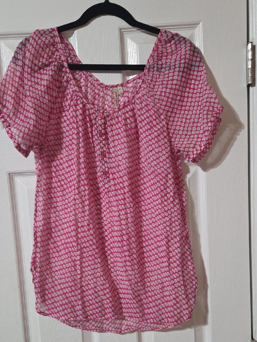 grand & greene Pink White Printed Short-Sleeve Peasant Blouse
